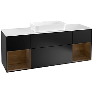 Villeroy und Boch Finion Waschtischunterschrank F331GNPD 160x60,3cm, Abdeckplatte white matt, Regale Walnut veneer, Black matt lacquer