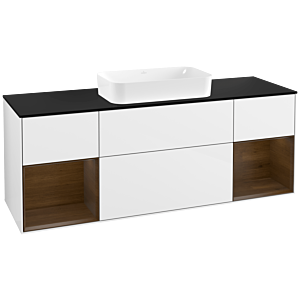 Villeroy und Boch Finion Waschtischunterschrank F332GNGF 160x60,3cm, Abdeckplatte black matt, Regale Walnut veneer, Glossy white lacquer