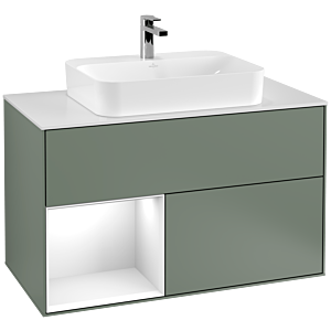 Villeroy und Boch Finion Waschtischunterschrank F361GFGM 100cm, Abdeckplatte white matt, Regal links Glossy white lacquer, Olive Matt Lacquer