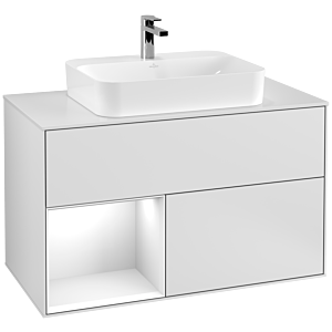 Villeroy und Boch Finion Waschtischunterschrank F361GFMT 100cm, Abdeckplatte white matt, Regal links Glossy white lacquer, White matt lacquer