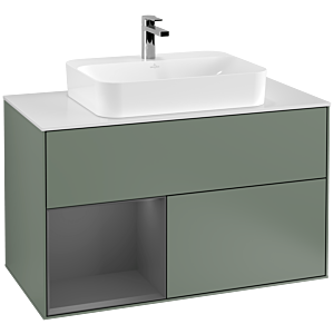 Villeroy und Boch Finion Waschtischunterschrank F361GKGM 100cm, Abdeckplatte white matt, Regal links Anthracite matt, Olive Matt Lacquer