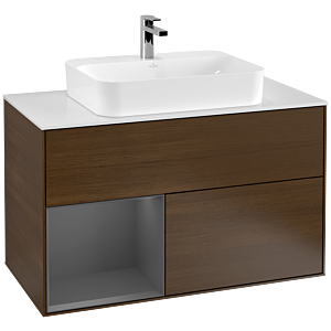 Villeroy und Boch Finion Waschtischunterschrank F361GKGN 100cm, Abdeckplatte white matt, Regal links Anthracite matt, Walnut veneer