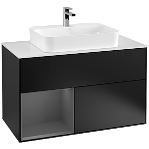 Villeroy und Boch Finion Waschtischunterschrank F361GKPD 100cm, Abdeckplatte white matt, Regal links Anthracite matt, Black matt lacquer
