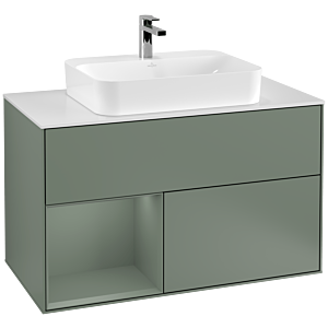 Villeroy et Boch Finion Villeroy et Boch F361GMGM 100cm, plaque de finition blanc mat, étagère à gauche Olive Matt Lacquer , Olive Matt Lacquer