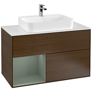 Villeroy et Boch Finion Villeroy et Boch F361GMGN 100cm, plaque de finition blanc mat, étagère à gauche Olive Matt Lacquer , placage Olive Matt Lacquer