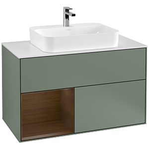 Villeroy und Boch Finion Waschtischunterschrank F361GNGM 100cm, Abdeckplatte white matt, Regal links Walnut veneer, Olive Matt Lacquer