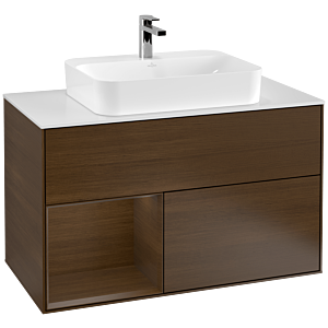 Villeroy und Boch Finion Waschtischunterschrank F361GNGN 100cm, Abdeckplatte white matt, Regal links Walnut veneer, Walnut veneer