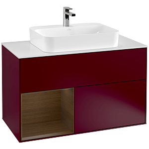 Villeroy und Boch Finion Waschtischunterschrank F361GNHB 100cm, Abdeckplatte white matt, Regal links Walnut veneer, Peony Matt