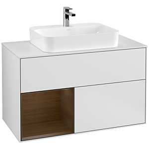 Villeroy und Boch Finion Waschtischunterschrank F361GNMT 100cm, Abdeckplatte white matt, Regal links Walnut veneer, White matt lacquer