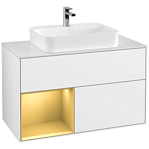 Villeroy und Boch Finion Waschtischunterschrank F361HFGF 100cm, Abdeckplatte white matt, Regal links Gold matt, Glossy white lacquer