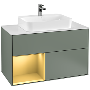 Villeroy und Boch Finion Waschtischunterschrank F361HFGM 100cm, Abdeckplatte white matt, Regal links Gold matt, Olive Matt Lacquer