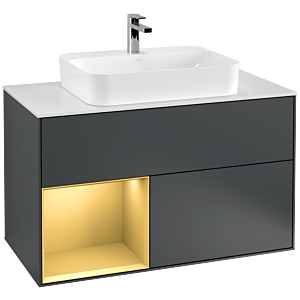 Villeroy und Boch Finion Waschtischunterschrank F361HFHG 100cm, Abdeckplatte white matt, Regal links Gold matt, Midnight Blue Matt Lacquer