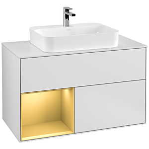 Villeroy und Boch Finion Waschtischunterschrank F361HFMT 100cm, Abdeckplatte white matt, Regal links Gold matt, White matt lacquer