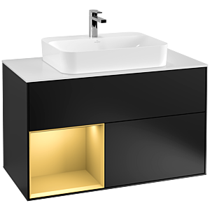 Villeroy und Boch Finion Waschtischunterschrank F361HFPD 100cm, Abdeckplatte white matt, Regal links Gold matt, Black matt lacquer