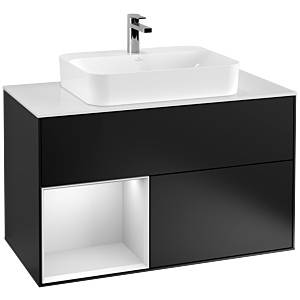 Villeroy und Boch Finion Waschtischunterschrank F361MTPD 100cm, Abdeckplatte white matt, Regal links White matt lacquer, Black matt lacquer