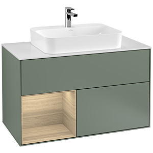 Villeroy et Boch Finion Villeroy et Boch F361PCGM 100cm, plaque de finition blanc mat, étagère à gauche Oak Veneer , Olive Matt Lacquer