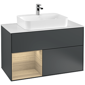 Villeroy und Boch Finion Waschtischunterschrank F361PCHG 100cm, Abdeckplatte white matt, Regal links Oak Veneer, Midnight Blue Matt Lacquer