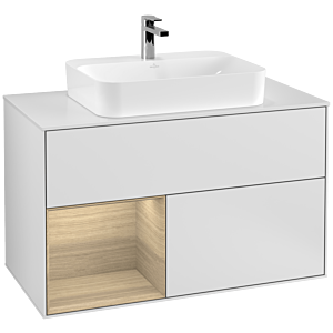 Villeroy et Boch Finion Villeroy et Boch F361PCMT 100cm, plaque de recouvrement blanc mat, étagère gauche Oak Veneer , laqué blanc mat