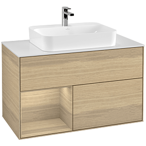 Villeroy und Boch Finion Waschtischunterschrank F361PCPC 100cm, Abdeckplatte white matt, Regal links Oak Veneer, Oak Veneer