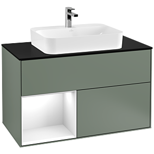 Villeroy und Boch Finion Waschtischunterschrank F362GFGM 100cm, Abdeckplatte black matt, Regal links Glossy white lacquer, Olive Matt Lacquer