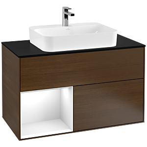 Villeroy und Boch Finion Waschtischunterschrank F362GFGN 100cm, Abdeckplatte black matt, Regal links Glossy white lacquer, Walnut veneer