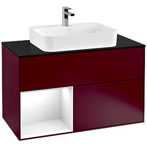 Villeroy und Boch Finion Waschtischunterschrank F362GFHB 100cm, Abdeckplatte black matt, Regal links Glossy white lacquer, Peony Matt