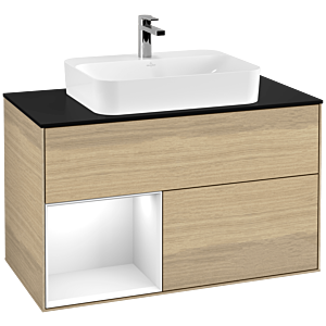 Villeroy und Boch Finion Waschtischunterschrank F362GFPC 100cm, Abdeckplatte black matt, Regal links Glossy white lacquer, Oak Veneer