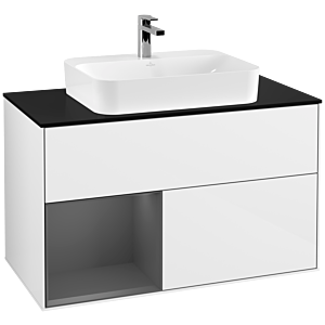 Villeroy und Boch Finion Waschtischunterschrank F362GKGF 100cm, Abdeckplatte black matt, Regal links Anthracite matt, Glossy white lacquer