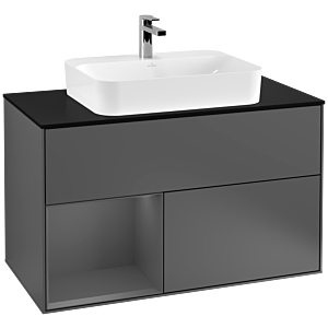 Villeroy und Boch Finion Waschtischunterschrank F362GKGK 100cm, Abdeckplatte black matt, Regal links Anthracite matt, Anthracite matt
