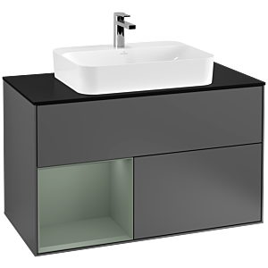 Villeroy und Boch Finion Waschtischunterschrank F362GMGK 100cm, Abdeckplatte black matt, Regal links Olive Matt Lacquer, Anthracite matt