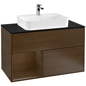 Villeroy und Boch Finion Waschtischunterschrank F362GNGN 100cm, Abdeckplatte black matt, Regal links Walnut veneer, Walnut veneer