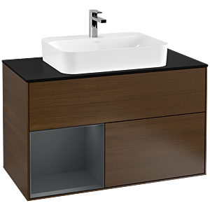 Villeroy und Boch Finion Waschtischunterschrank F362HGGN 100cm, Abdeckplatte black matt, Regal links Midnight Blue Matt Lacquer, Walnut veneer