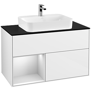 Villeroy und Boch Finion Waschtischunterschrank F362MTGF 100cm, Abdeckplatte black matt, Regal links White matt lacquer, Glossy white lacquer