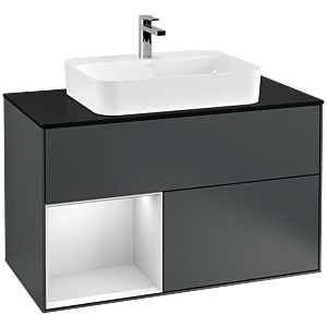 Villeroy und Boch Finion Waschtischunterschrank F362MTHG 100cm, Abdeckplatte black matt, Regal links White matt lacquer, Midnight Blue Matt Lacquer