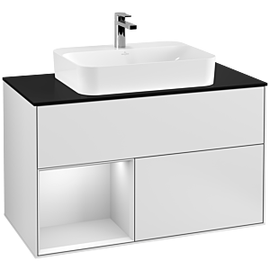Villeroy und Boch Finion Waschtischunterschrank F362MTMT 100cm, Abdeckplatte black matt, Regal links White matt lacquer, White matt lacquer