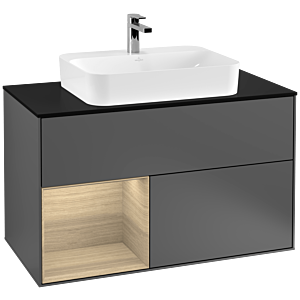 Villeroy und Boch Finion Waschtischunterschrank F362PCGK 100cm, Abdeckplatte black matt, Regal links Oak Veneer, Anthracite matt