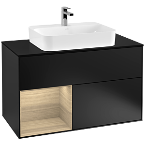 Villeroy und Boch Finion Waschtischunterschrank F362PCPD 100cm, Abdeckplatte black matt, Regal links Oak Veneer, Black matt lacquer
