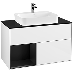 Villeroy und Boch Finion Waschtischunterschrank F362PDGF 100cm, Abdeckplatte black matt, Regal links Black matt lacquer, Glossy white lacquer