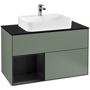 Villeroy und Boch Finion Waschtischunterschrank F362PDGM 100cm, Abdeckplatte black matt, Regal links Black matt lacquer, Olive Matt Lacquer