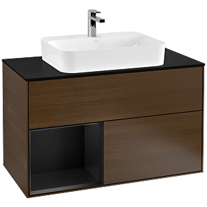 Villeroy und Boch Finion Waschtischunterschrank F362PDGN 100cm, Abdeckplatte black matt, Regal links Black matt lacquer, Walnut veneer