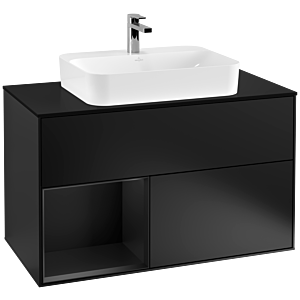 Villeroy und Boch Finion Waschtischunterschrank F362PDPD 100cm, Abdeckplatte black matt, Regal links Black matt lacquer, Black matt lacquer