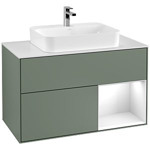 Villeroy and Boch Finion Villeroy and Boch Finion F371GFGM 100cm, cover plate matt white, shelf on the right glossy white lacquer, Olive Matt Lacquer