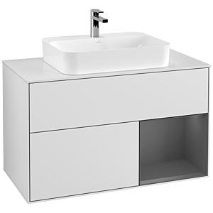 Villeroy et Boch Finion Villeroy et Boch F371GKMT 100cm, plaque de finition blanc mat, étagère à droite anthracite mat, laqué blanc mat