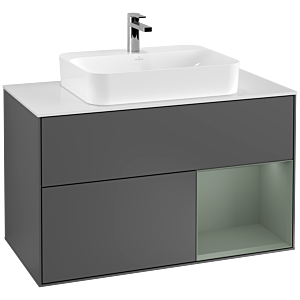 Villeroy und Boch Finion Waschtischunterschrank F371GMGK 100cm, Abdeckplatte white matt, Regal rechts Olive Matt Lacquer, Anthracite matt