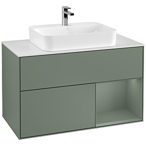 Villeroy et Boch Finion Villeroy et Boch F371GMGM 100cm, plaque de finition blanc mat, étagère à droite Olive Matt Lacquer , Olive Matt Lacquer