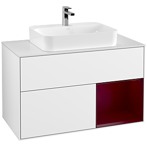 Villeroy und Boch Finion Waschtischunterschrank F371HBGF 100cm, Abdeckplatte white matt, Regal rechts Peony, Glossy white lacquer