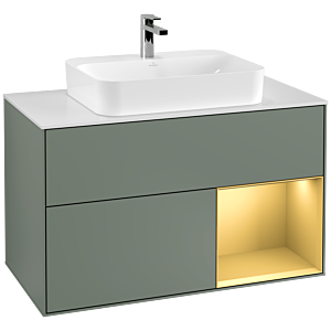 Villeroy und Boch Finion Waschtischunterschrank F371HFGM 100cm, Abdeckplatte white matt, Regal rechts Gold matt, Olive Matt Lacquer