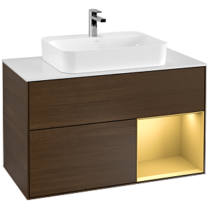 Villeroy und Boch Finion Waschtischunterschrank F371HFGN 100cm, Abdeckplatte white matt, Regal rechts Gold matt, Walnut veneer