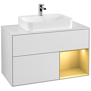 Villeroy und Boch Finion Waschtischunterschrank F371HFMT 100cm, Abdeckplatte white matt, Regal rechts Gold matt, White matt lacquer