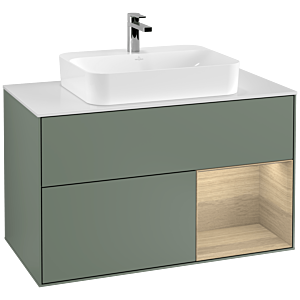 Villeroy et Boch Finion Villeroy et Boch F371PCGM 100cm, plaque de finition blanc mat, étagère à droite Oak Veneer , Olive Matt Lacquer